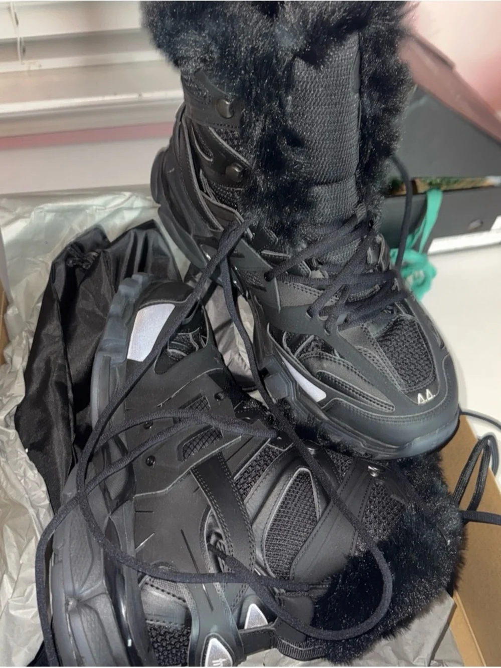 Balenciaga Black Faux Fur Trail Boots